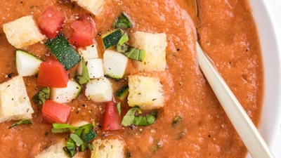 close up overhead of Gazpacho soup