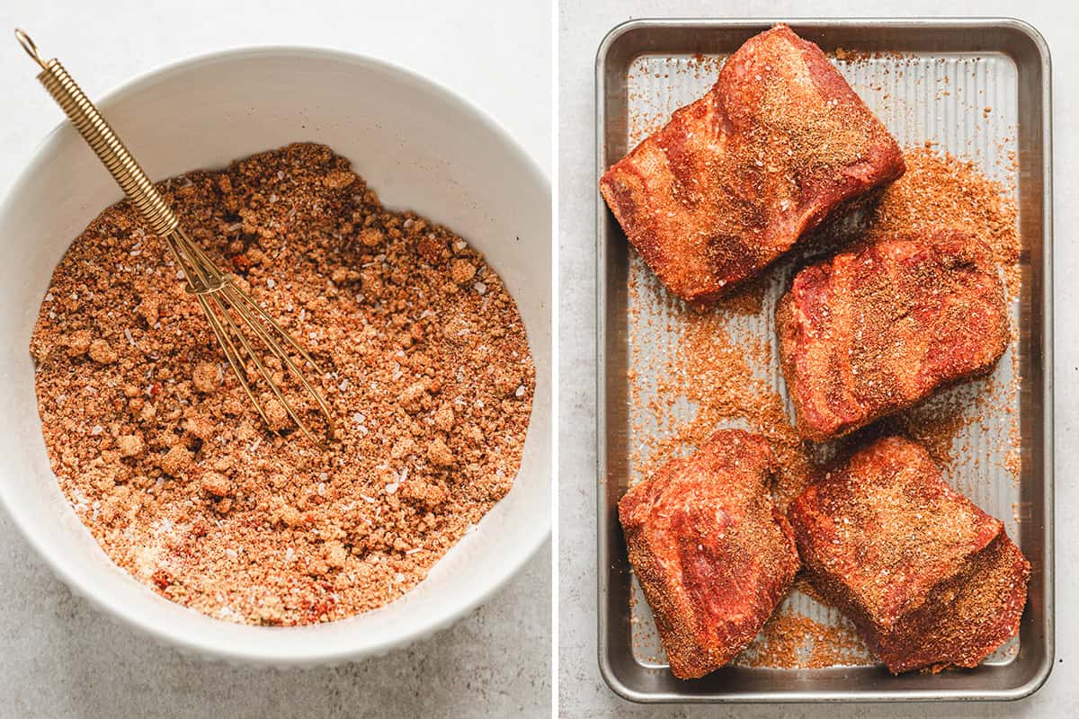 Homemade pulled pork seasoning blend in a mixing bowl beside pork shoulder pieces coated in the spice rub on a sheet pan.