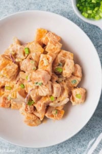 overhead sweet potato salad in white bowl