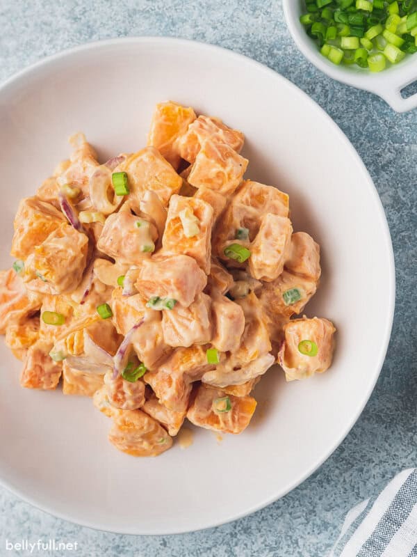 overhead sweet potato salad in white bowl