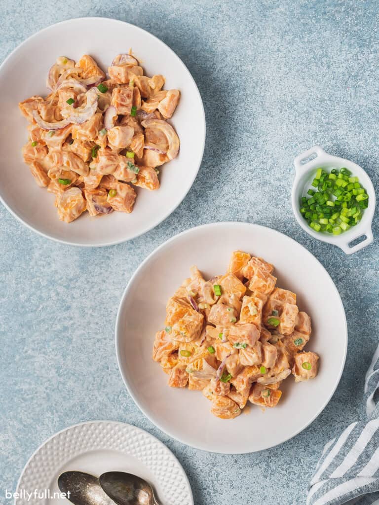 overhead orange fleshed potato salad in two bowls