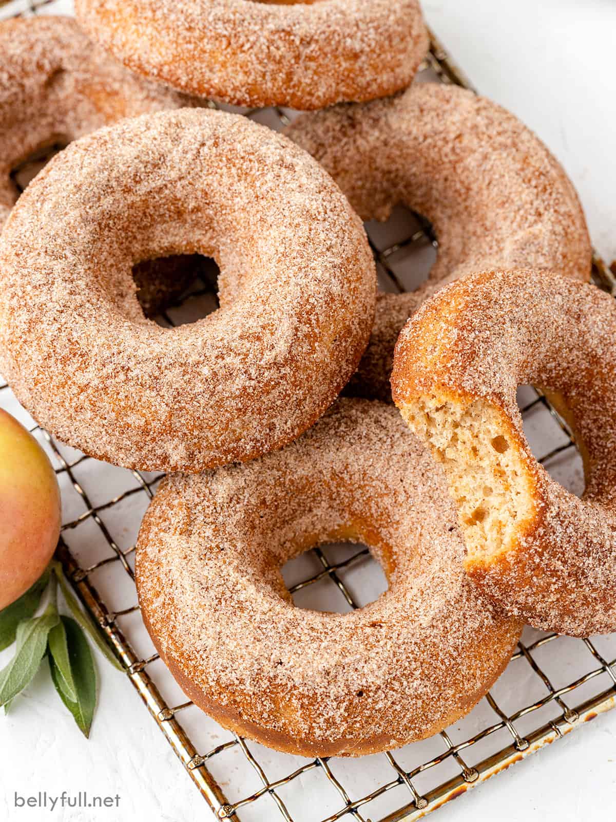 Close-up of baked apple cider donuts with one missing a bite