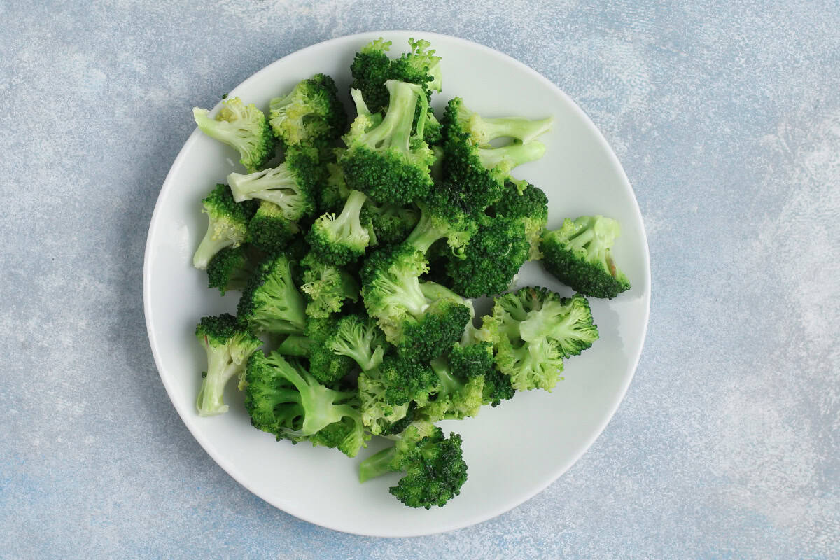A white plate of broccoli florets.