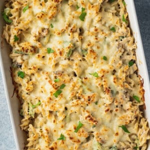 A baking dish of chicken alfredo bake
