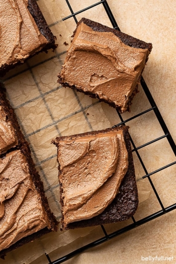 overhead sliced squares of frosted chocolate cake on wire rack