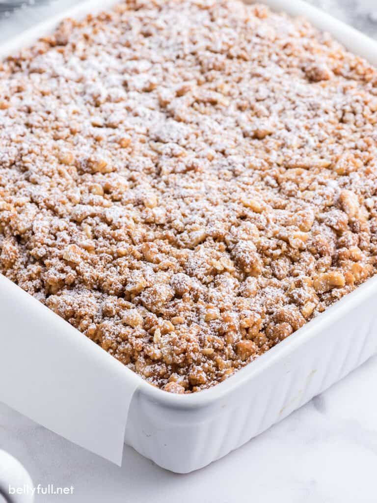 coffee cake with streusel topping dusted with powdered sugar in baking dish