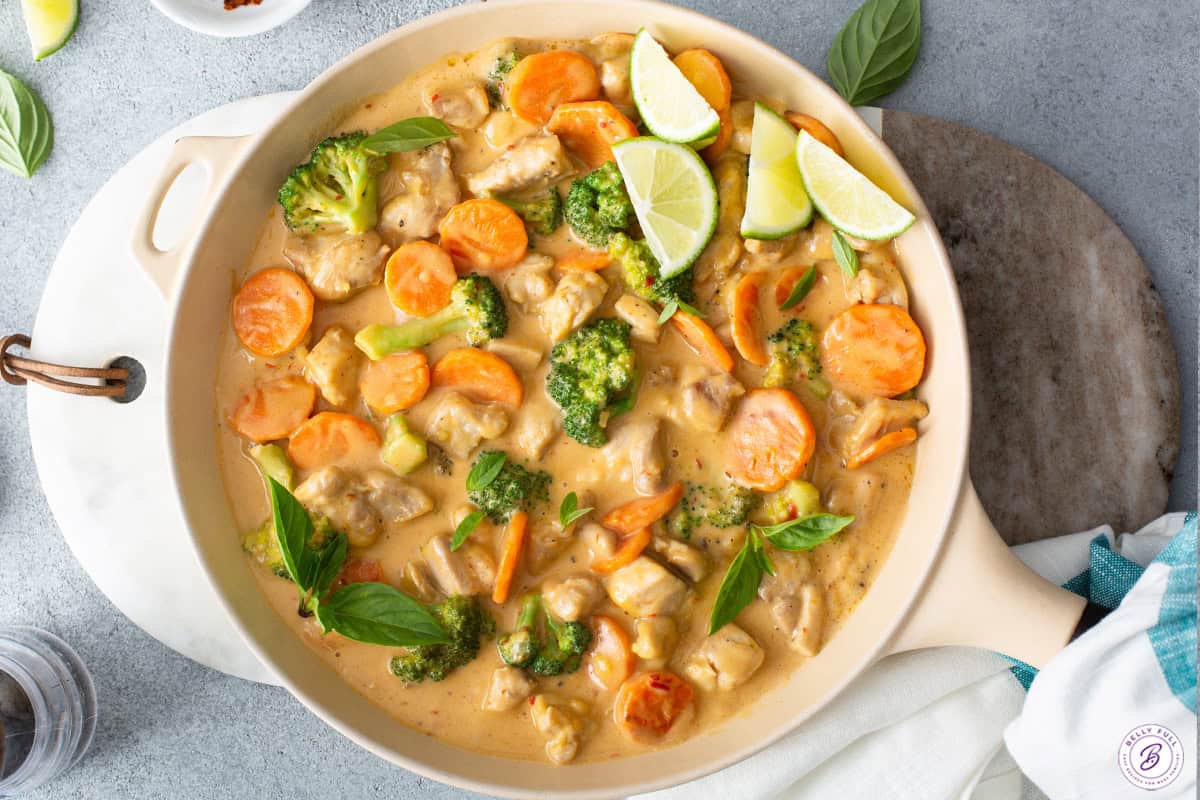 Thai coconut chicken in a white dish.