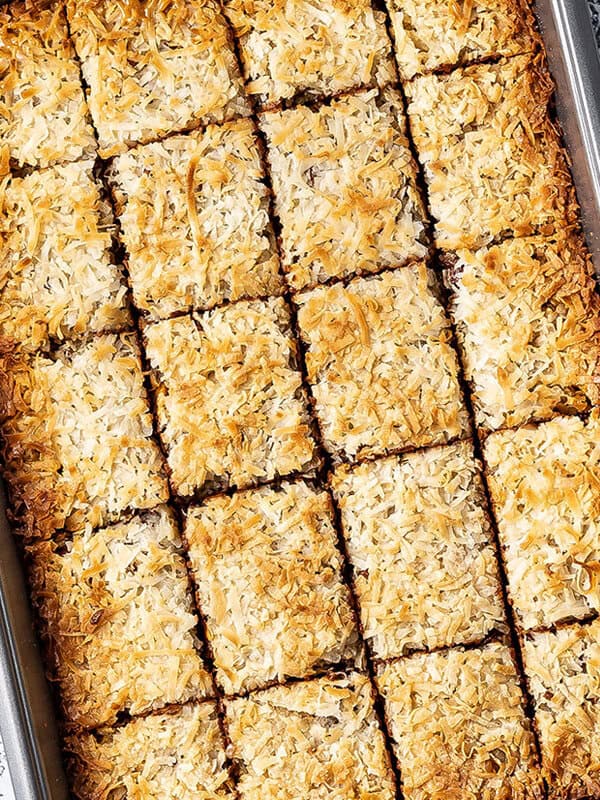 sliced 7 layer bars in baking pan