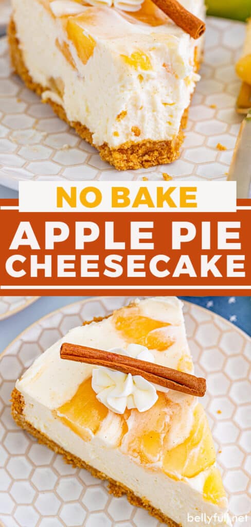 pin with text overlay for no bake apple cheesecake recipe