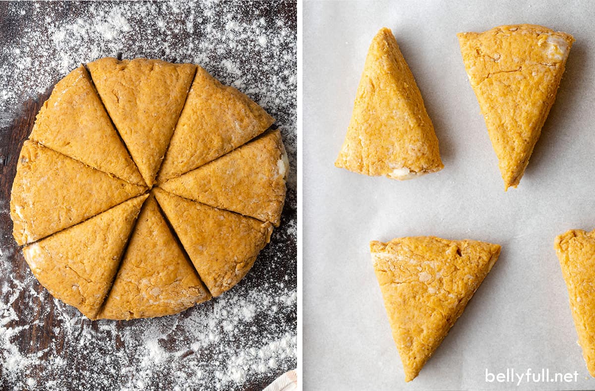 One image pumpkin scone dough in a circle, the second pumpkin scones on a baking sheet