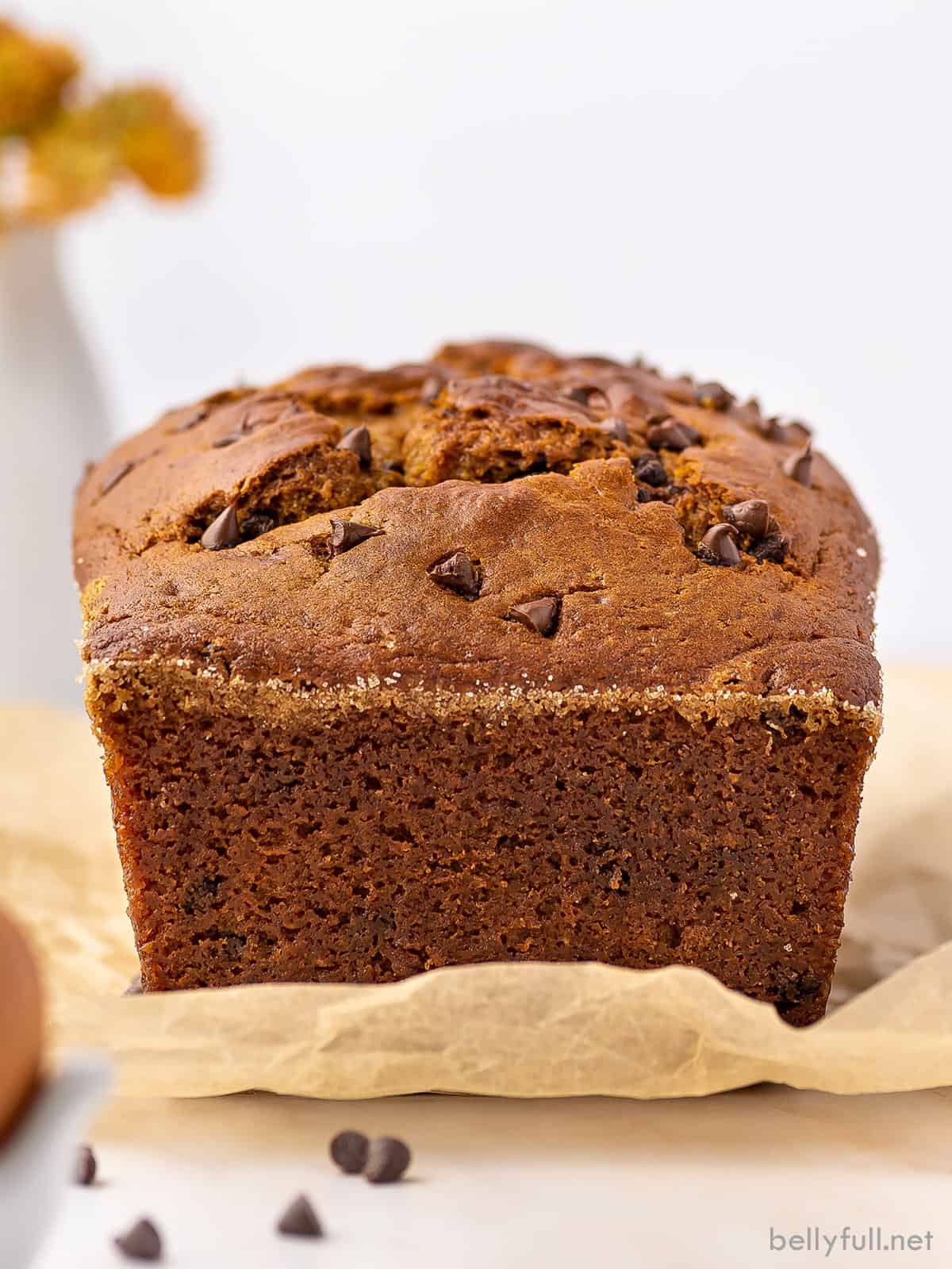 A loaf of pumpkin chocolate chip bread