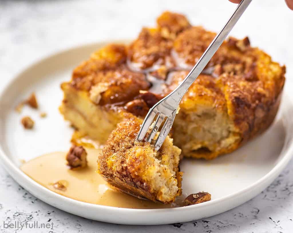 bite of bread pudding casserole on fork