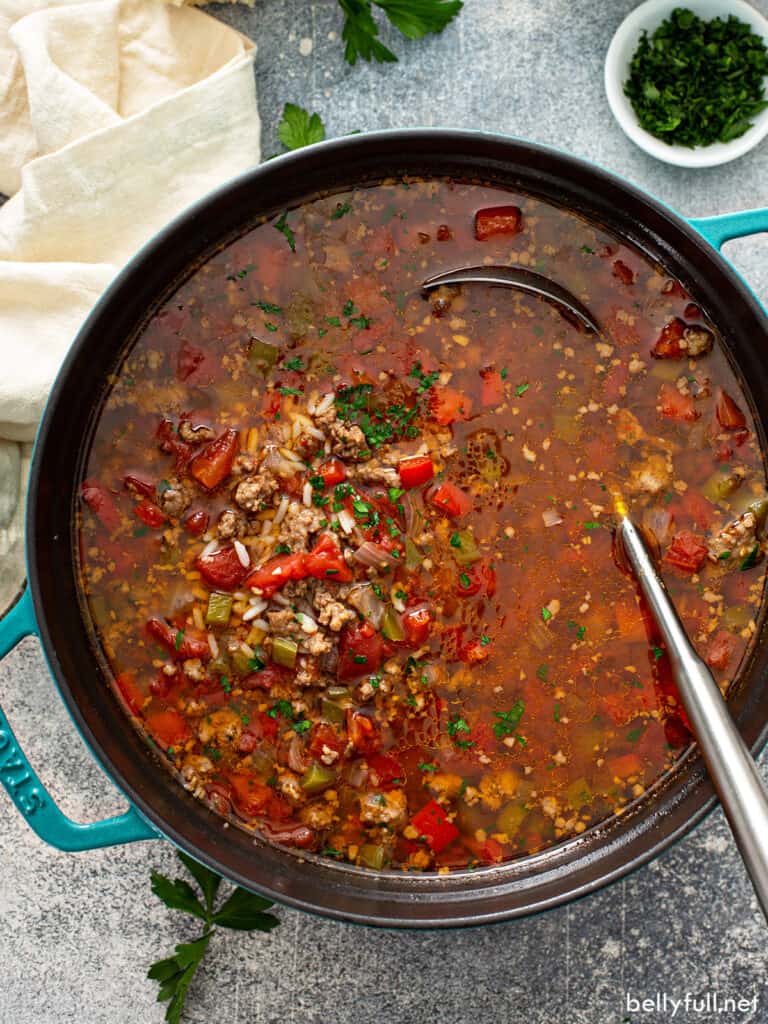 Overhead view of a big pot of stuffed pepper soup