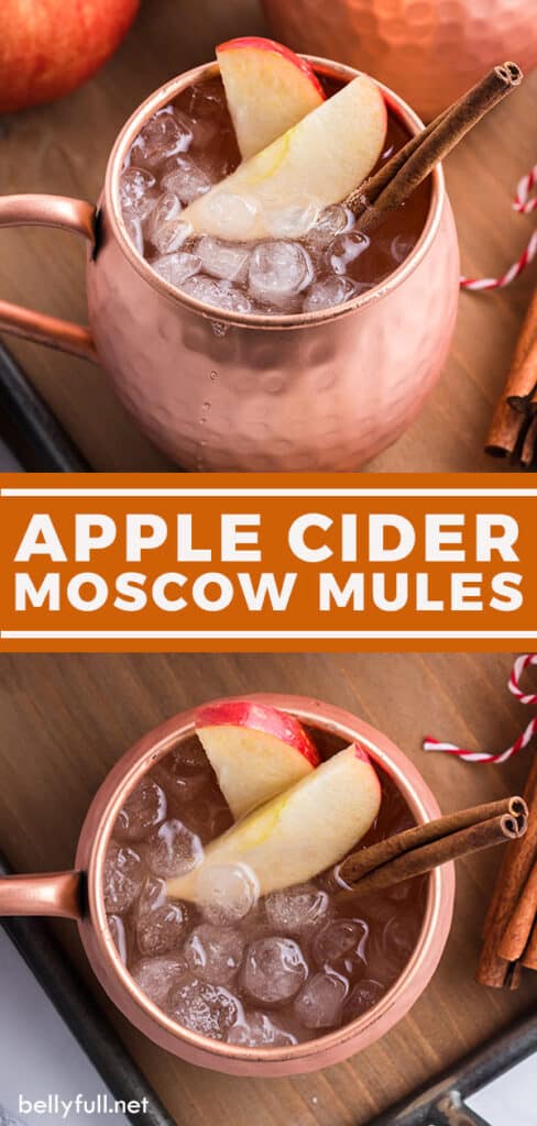 Two images of apple cider moscow mules in copper mugs