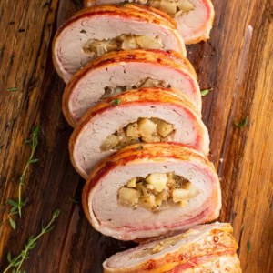 sliced stuffed bacon wrapped pork tenderloin