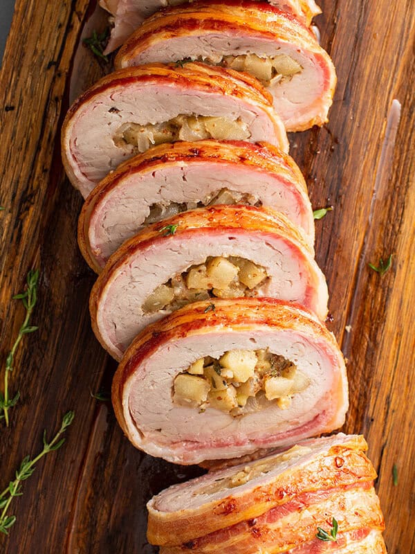 sliced stuffed bacon wrapped pork tenderloin