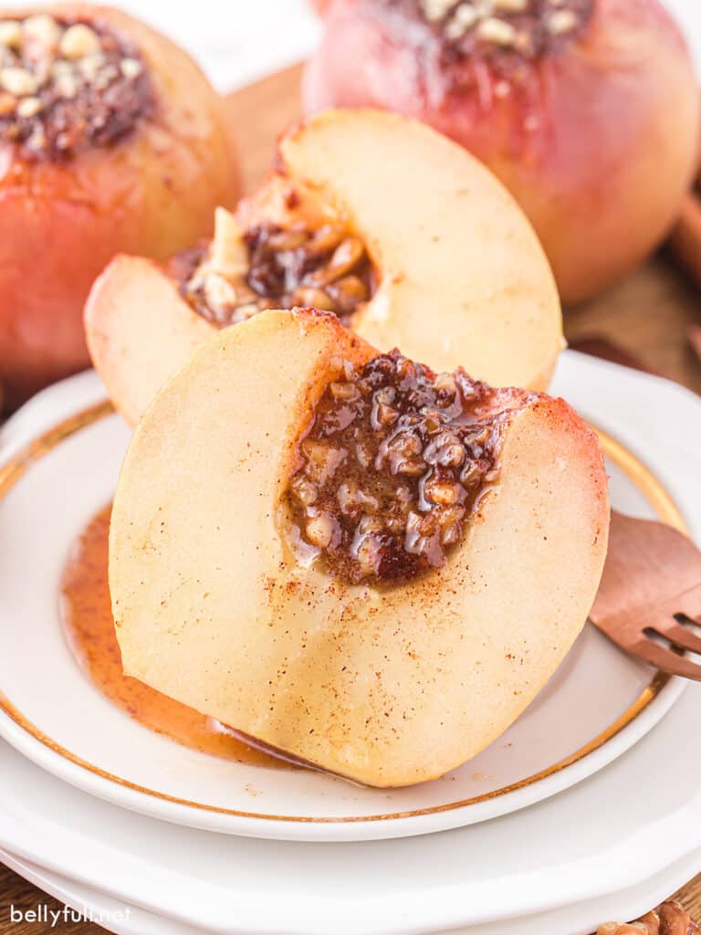 stuffed baked apple sliced in half