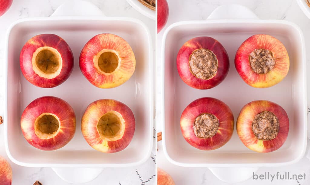 4 hollowed out whole apples in baking dish