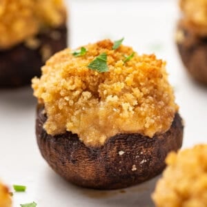 Close-up of a crab and cream cheese stuffed mushroom