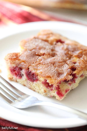 square piece of cranberry christmas cake on white plate with fork