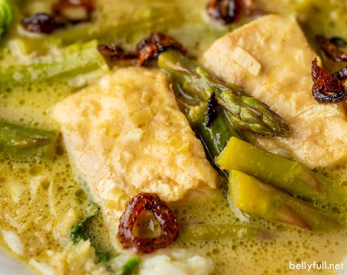 Close up of green curry with fish