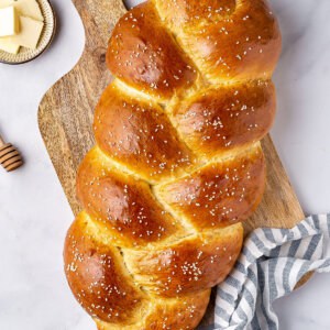 overhead whole loaf of 3 strand braided challah bread