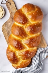 overhead whole loaf of 3 strand braided challah bread