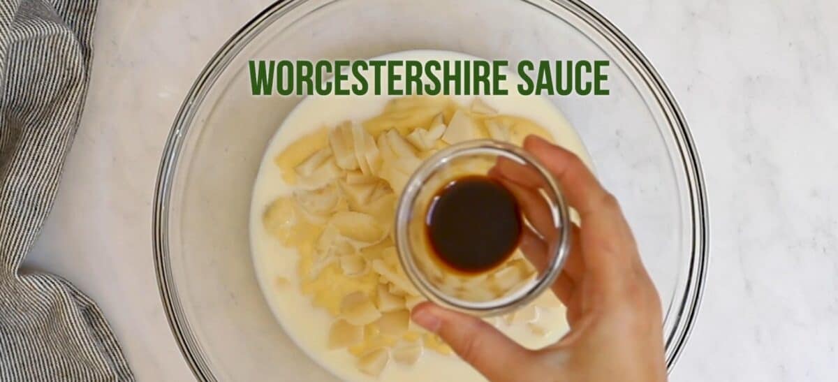 Combining the ingredients for the soup mixture. 