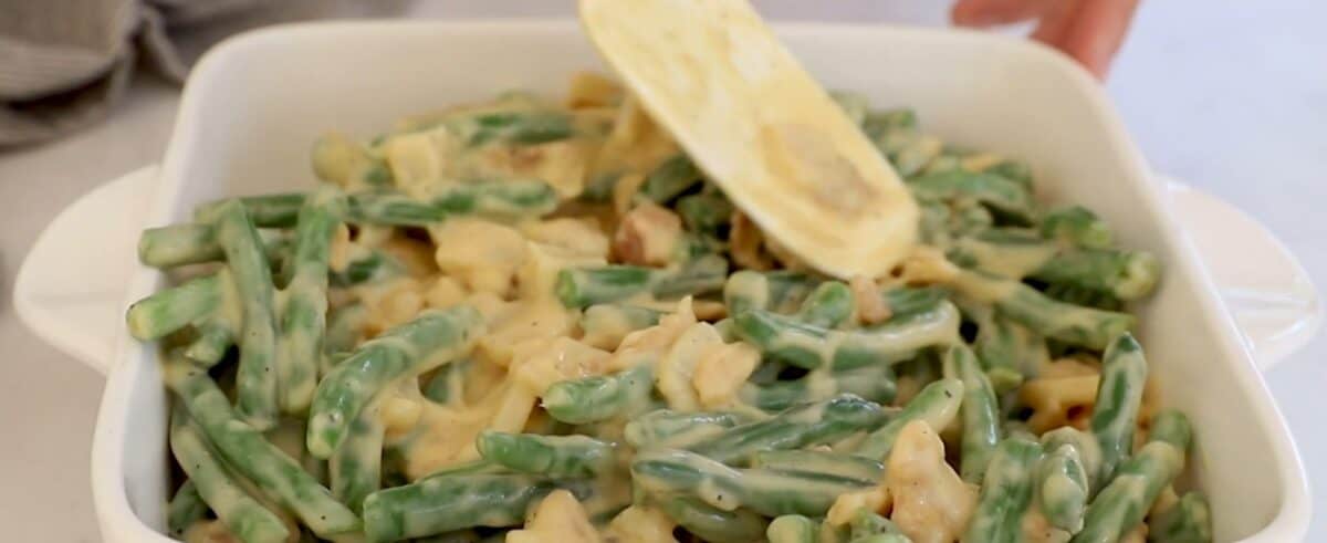 Transferring mixture to a baking dish.