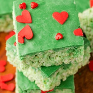 3 homemade rice krispie treats stacked on top of each other