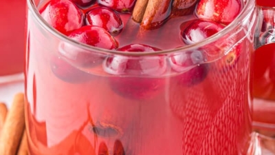 A glass of cranberry apple cider garnished with cranberries and cinnamon sticks