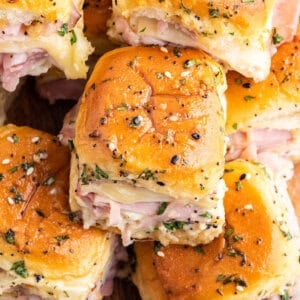 close up hot ham and cheese slider