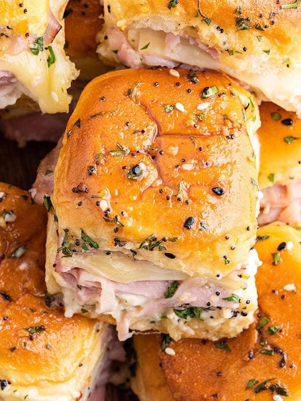 close up hot ham and cheese slider