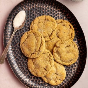 overhead pile of molasses cookies on serving plate
