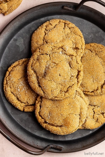 overhead pile of molasses cookies on serving plate