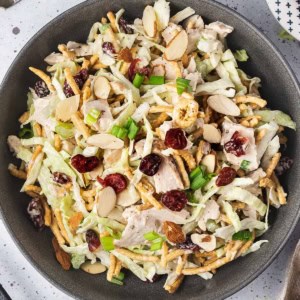 Overhead view of turkey salad in a black bowl