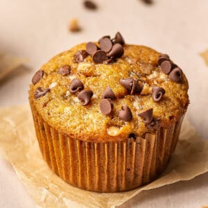 close up banana bread muffin topped with chocolate chips