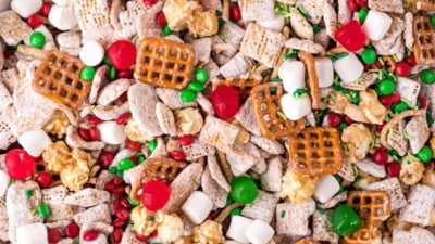 Overhead view of a large bowl of Christmas chex mix