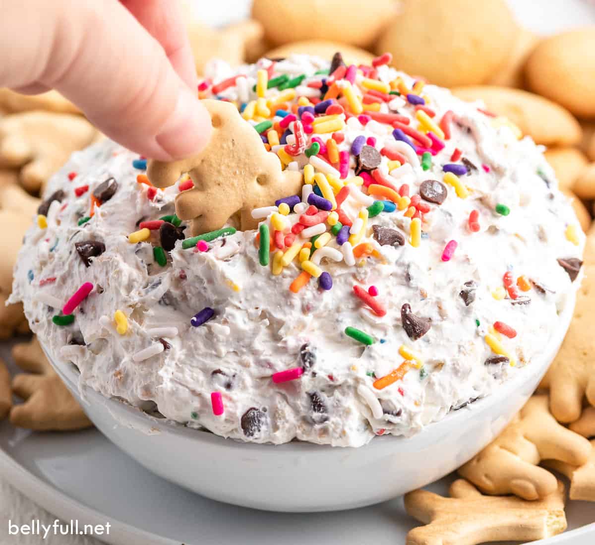 A hand dipping an animal cracker into funfetti dip