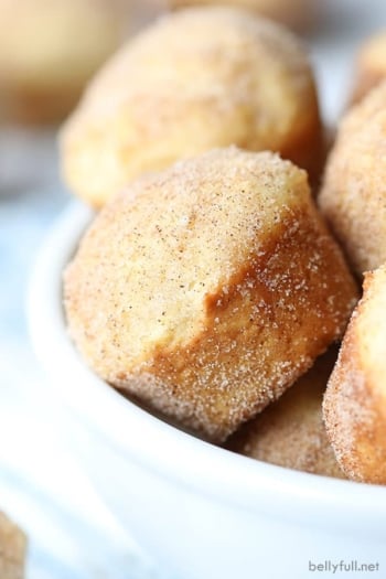 close up mini donut muffin dusted with cinnamon sugar