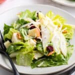 Close-up of pear salad on a white plate