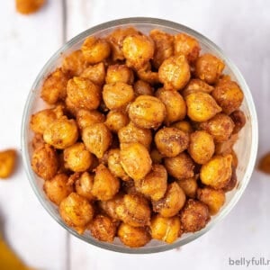 Overhead view of a bowl of oven roasted chickpeas