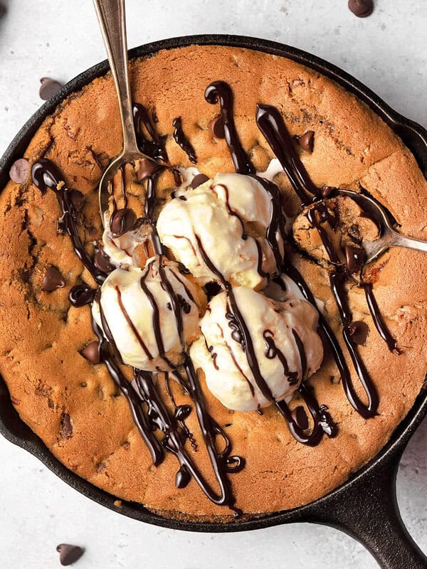 Overhead view of a chocolate chip skillet cookie