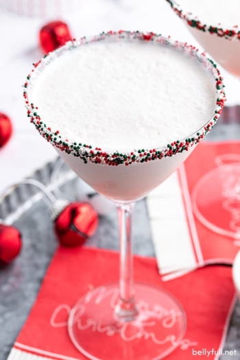 A sugar cookie martini on a red napkin