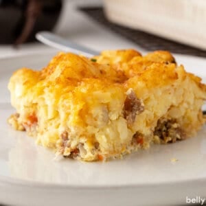 square piece of tater tot breakfast casserole on plate