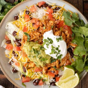 Overhead view of a chicken burrito bowl