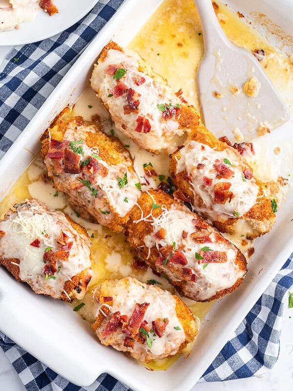Overhead view of a baking dish of chicken cordon bleu