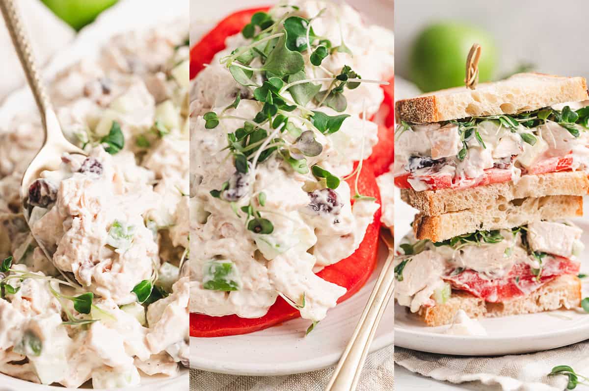 This is the BEST chicken salad recipe. With chicken, cranberries, apples, and pecans, it's wonderful on its own or as a sandwich! Three ways to serve chicken salad