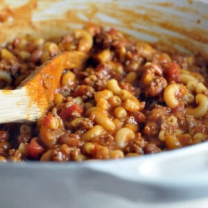big pot of chili mac and cheese close up
