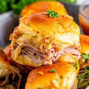 French dip sliders in a serving tray
